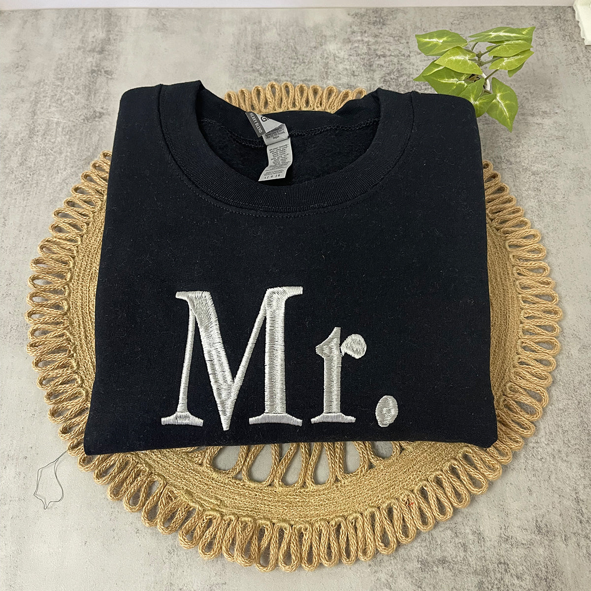 Custom Embroidered Mr Mrs Sweatshirt Hoodie with Date on Sleeve