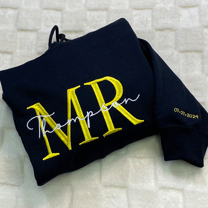 Custom Embroidered Mr Mrs Sweatshirt Hoodie with Date on Sleeve