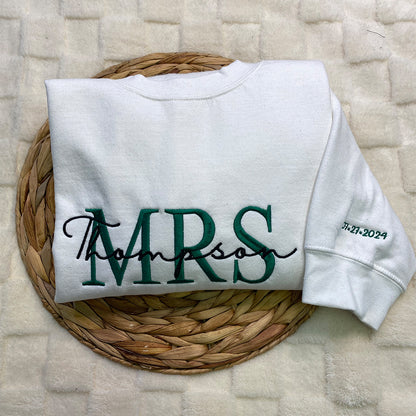 Custom Embroidered Mr Mrs Sweatshirt Hoodie with Date on Sleeve