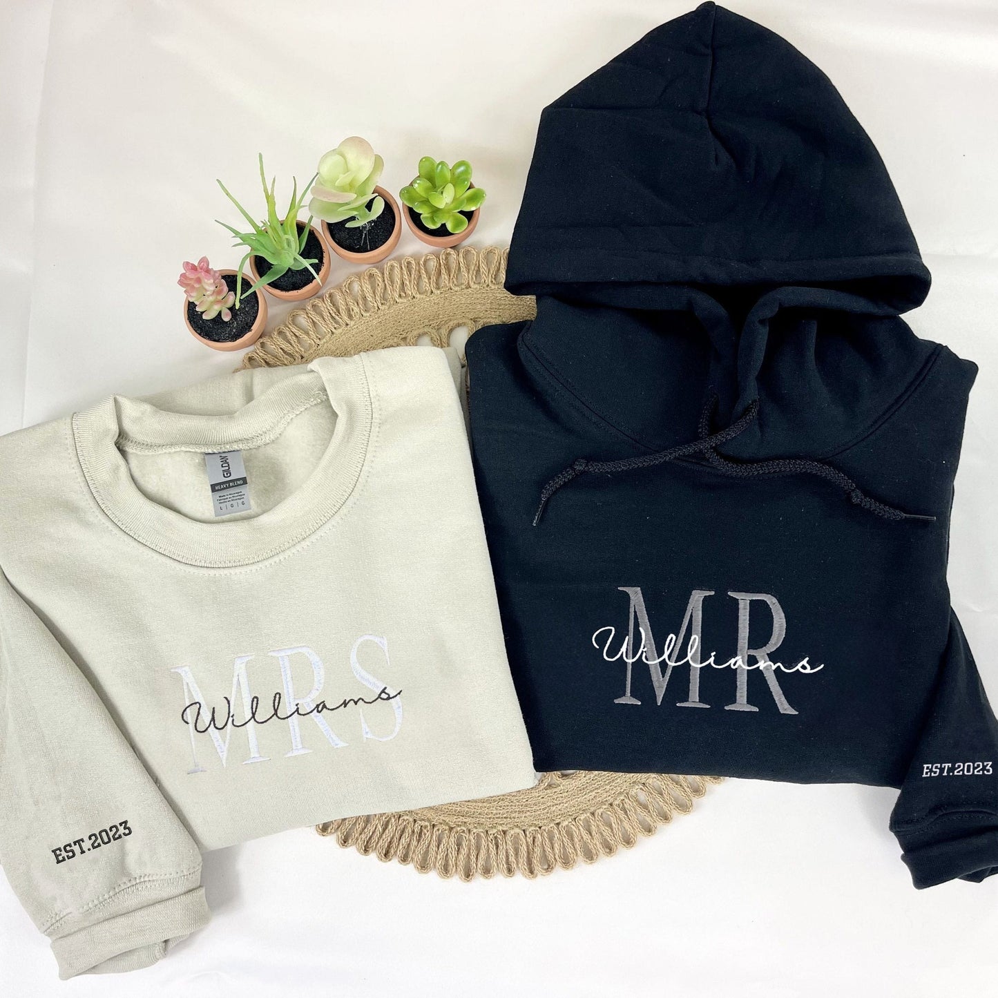 Custom Embroidered Mr Mrs Sweatshirt Hoodie with Date on Sleeve