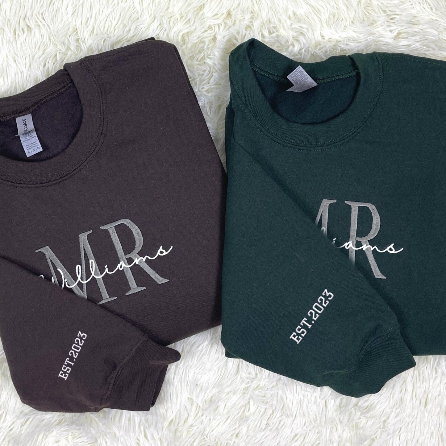 Custom Embroidered Mr Mrs Sweatshirt Hoodie with Date on Sleeve