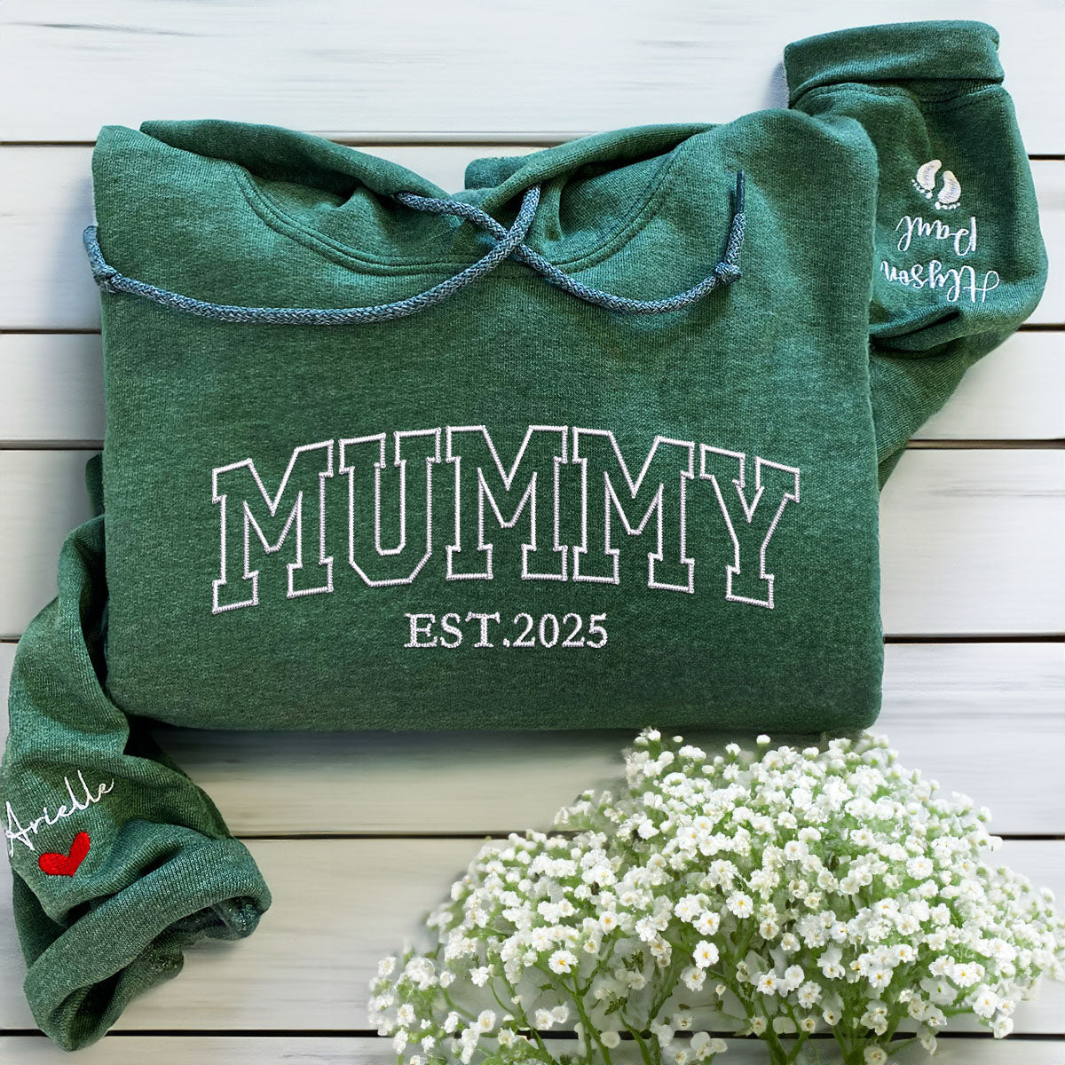 Custom Embroidered Mummy Est Sweatshirt Hoodie with Kid's Name on Sleeve