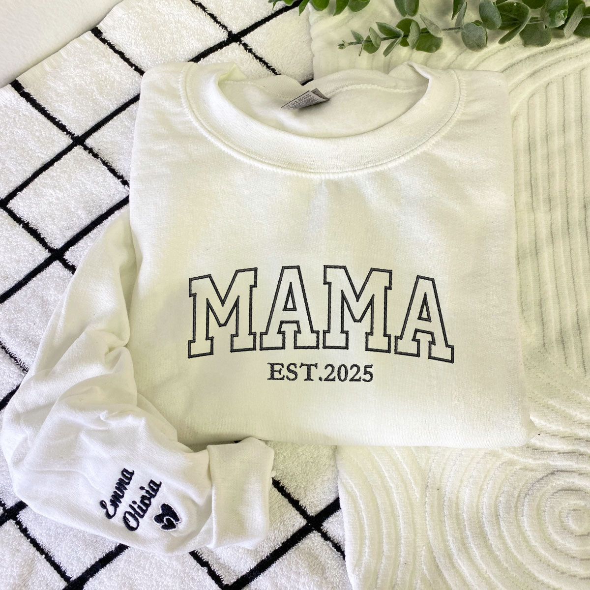 Custom Embroidered Mummy Est Sweatshirt Hoodie with Kid's Name on Sleeve