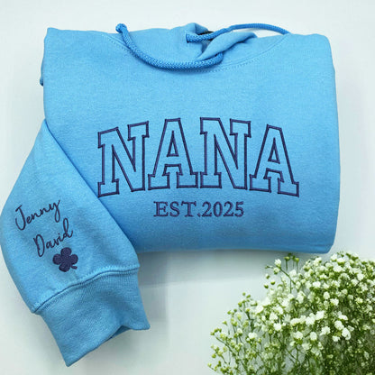 Custom Embroidered Mummy Est Sweatshirt Hoodie with Kid's Name on Sleeve