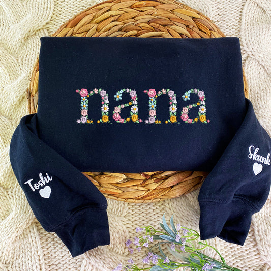 Custom Embroidered Nana Sweatshirt Hoodie with Floral Letter, Unique Gift for Grandma