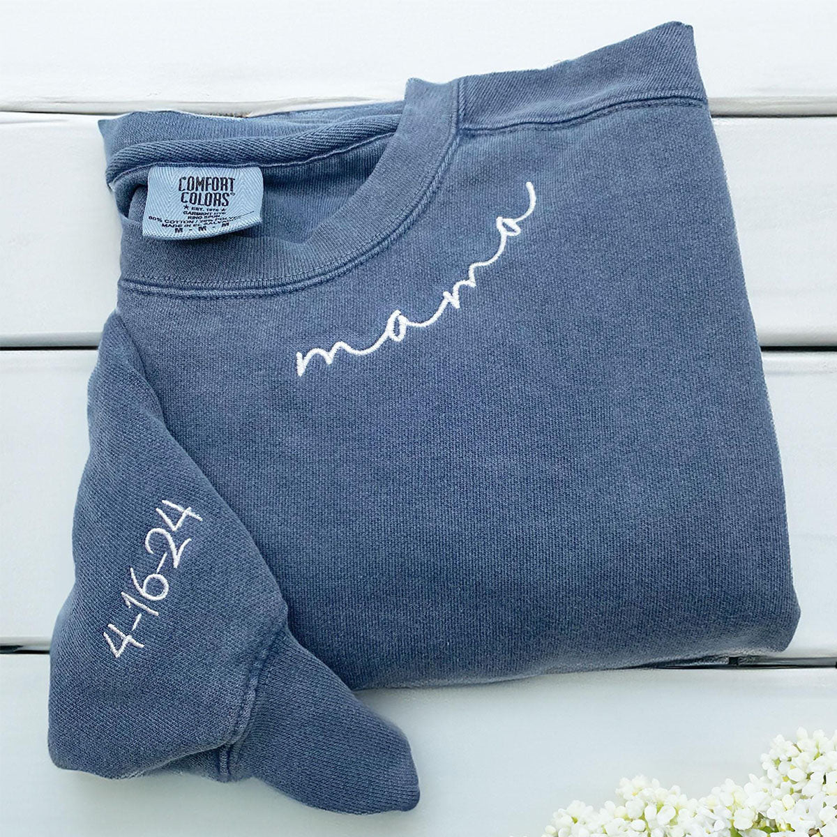 Custom Embroidered Neckline Sweatshirts - Personalized Mama with Kid Names on Sleeve