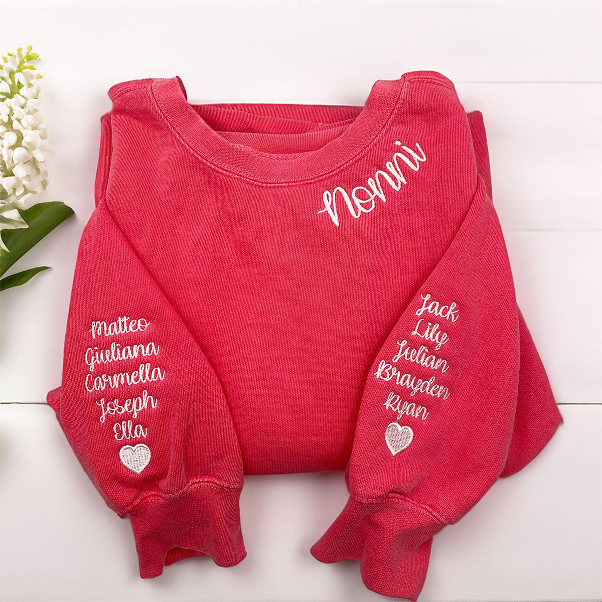 Custom Embroidered Neckline Sweatshirts - Personalized Mama with Kid Names on Sleeve