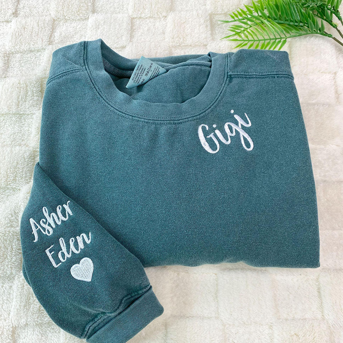 Custom Embroidered Neckline Sweatshirts - Personalized Mama with Kid Names on Sleeve