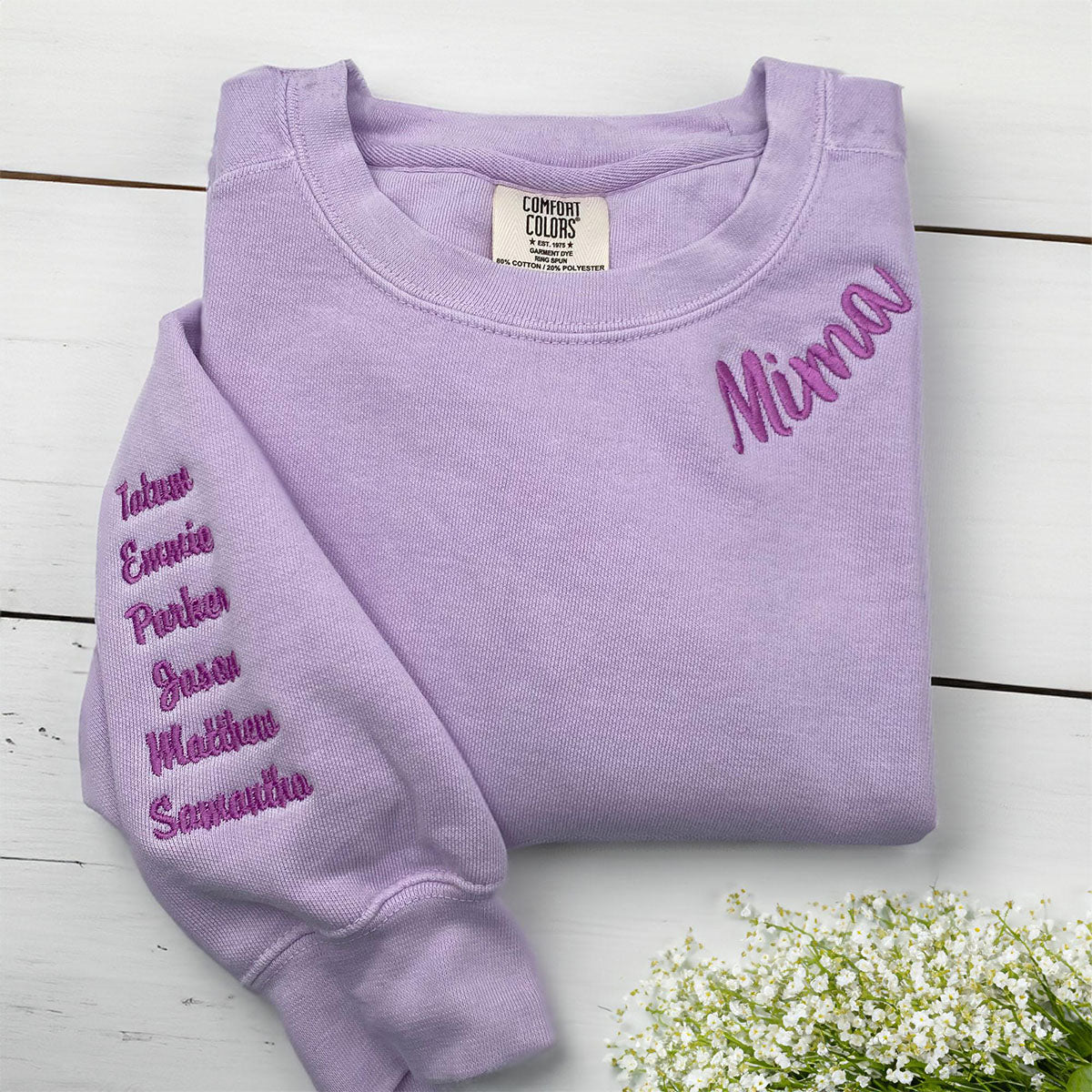 Custom Embroidered Neckline Sweatshirts - Personalized Mama with Kid Names on Sleeve