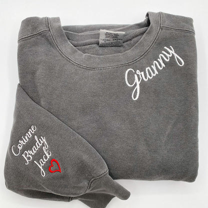 Custom Embroidered Neckline Sweatshirts - Personalized Mama with Kid Names on Sleeve