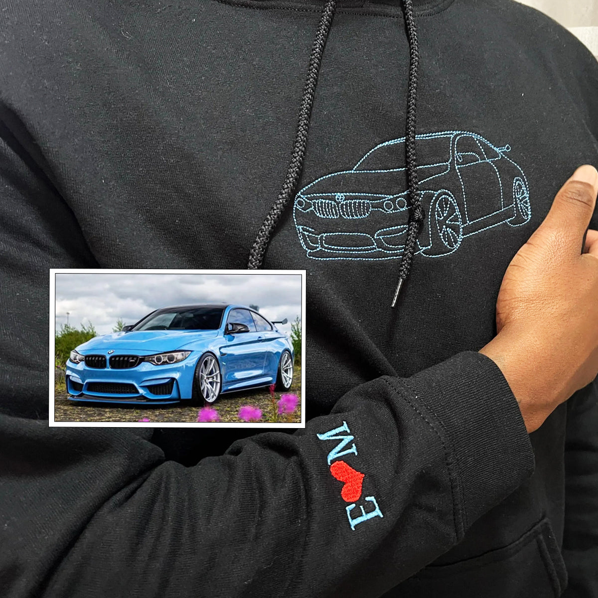 Custom Embroidered Outline Car Sweatshirt Hoodie from Your Photo with Initials on Sleeve