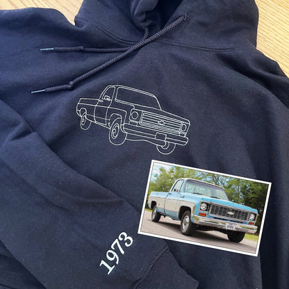 Custom Embroidered Outline Car Sweatshirt Hoodie from Your Photo with Initials on Sleeve