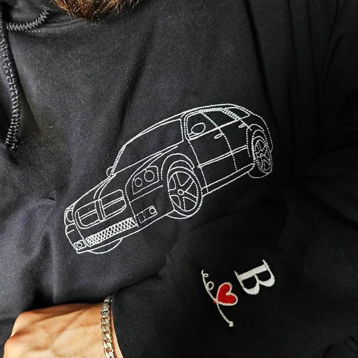 Custom Embroidered Outline Car Sweatshirt Hoodie from Your Photo with Initials on Sleeve