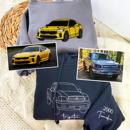 Custom Embroidered Outline Car Sweatshirt Hoodie from Your Photo with Initials on Sleeve