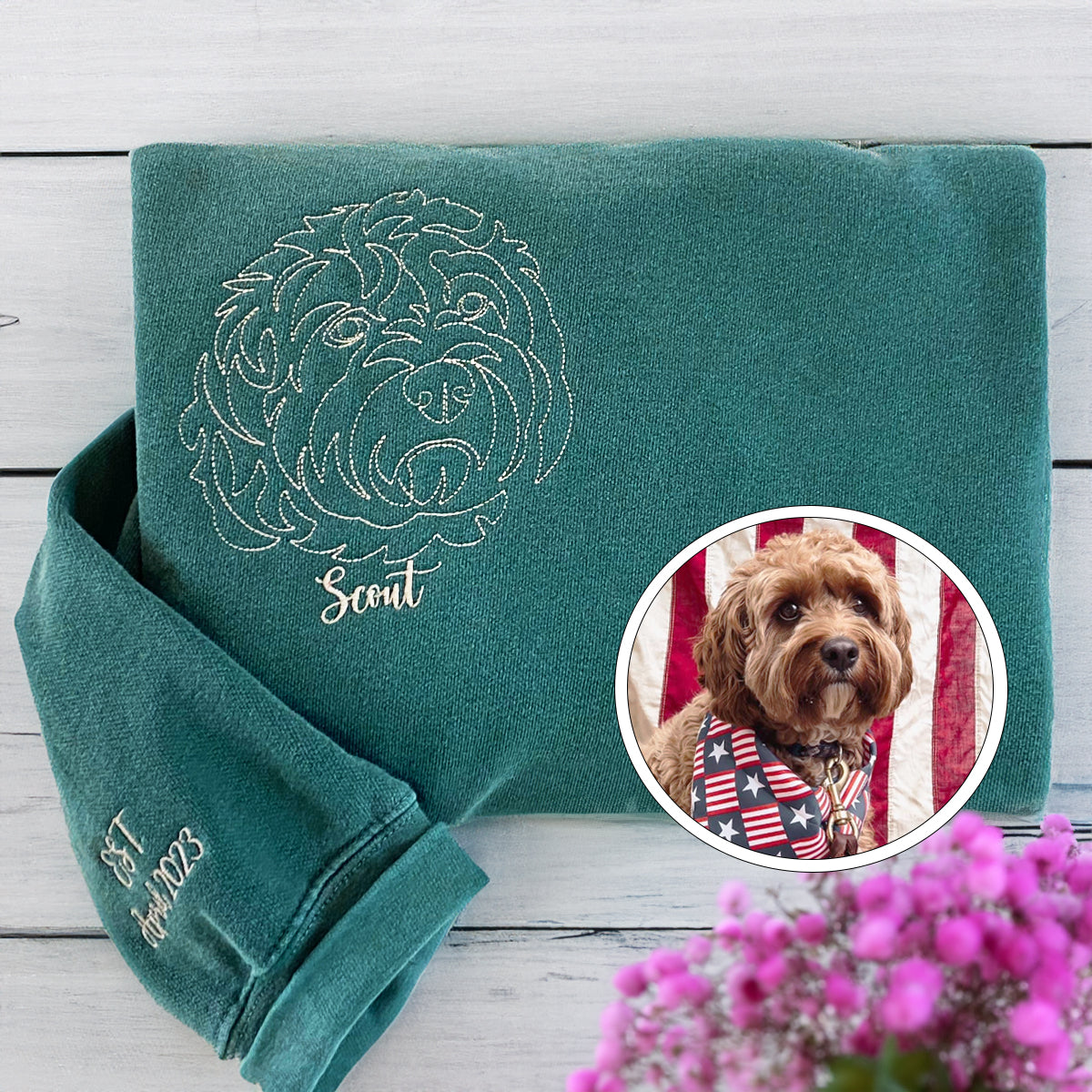 Custom Embroidered Outline Dog Sweatshirt Hoodie Using Your Photo with Dog Name