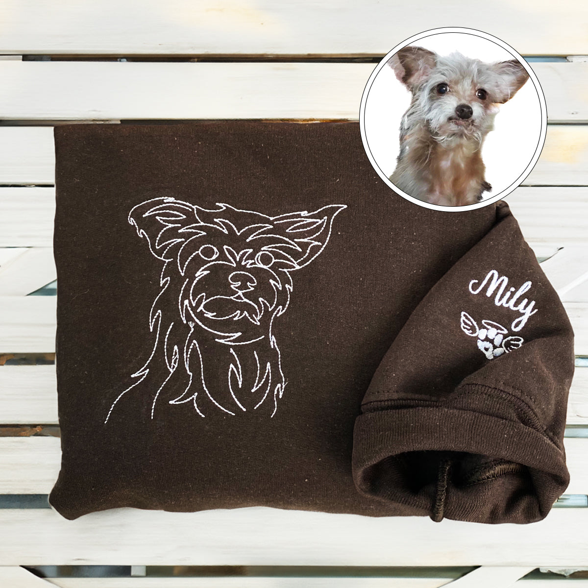 Custom Embroidered Outline Dog Sweatshirt Hoodie from Photo for Dog Lovers with Dog Name on Sleeve