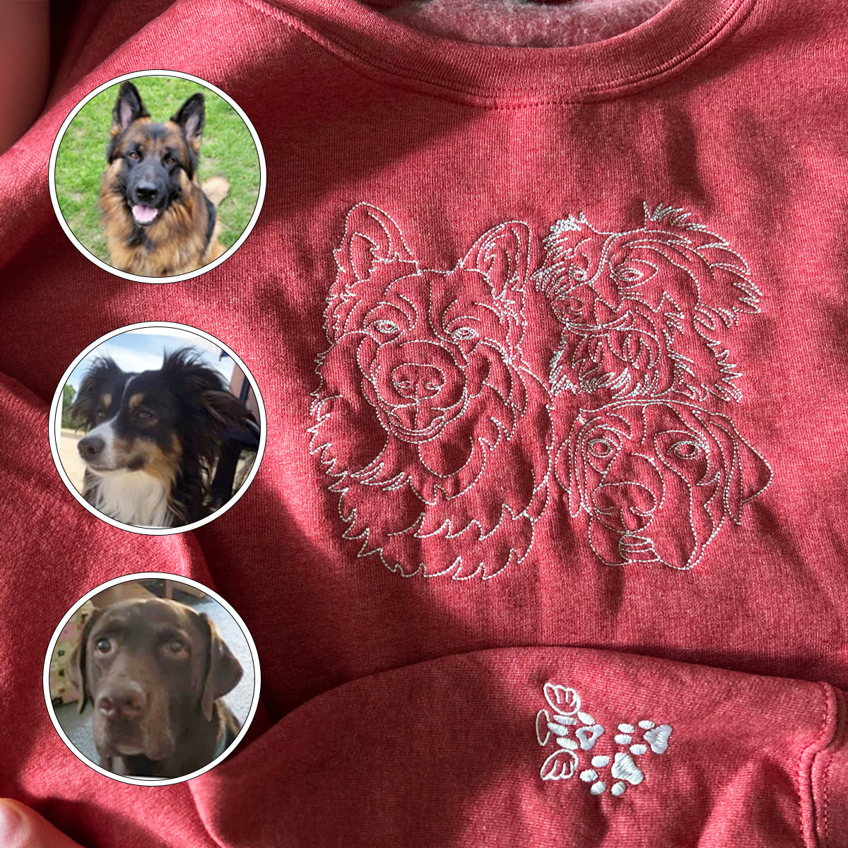 Custom Embroidered Outline Dog Sweatshirt Hoodie from Photo for Dog Lovers with Dog Name on Sleeve