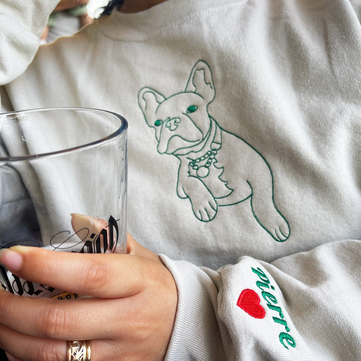 Custom Embroidered Outline Dog Sweatshirt Hoodie from Photo for Dog Lovers with Dog Name on Sleeve