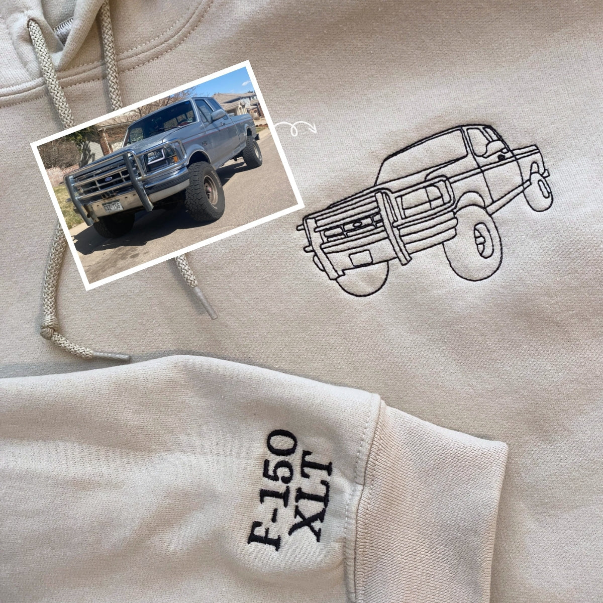 Custom Embroidered Outline Trucker Sweatshirt Hoodie from Your Photo with Initials on Sleeve