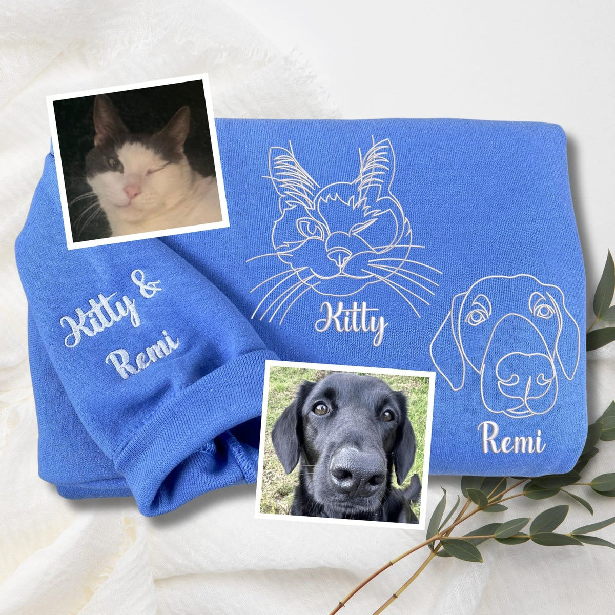 Custom Embroidered Pet Portrait Sweatshirt Hoodie with Paw Print on the Sleeve, Dog Dad Sweatshirt, Gift For Dad