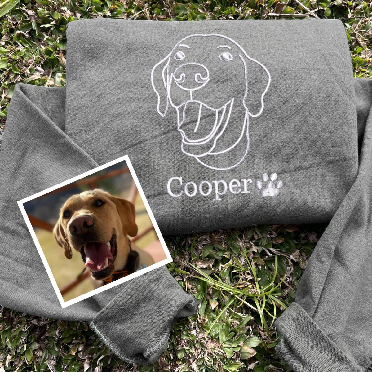 Custom Embroidered Pet Portrait Sweatshirt Hoodie with Paw Print on the Sleeve, Dog Dad Sweatshirt, Gift For Dad