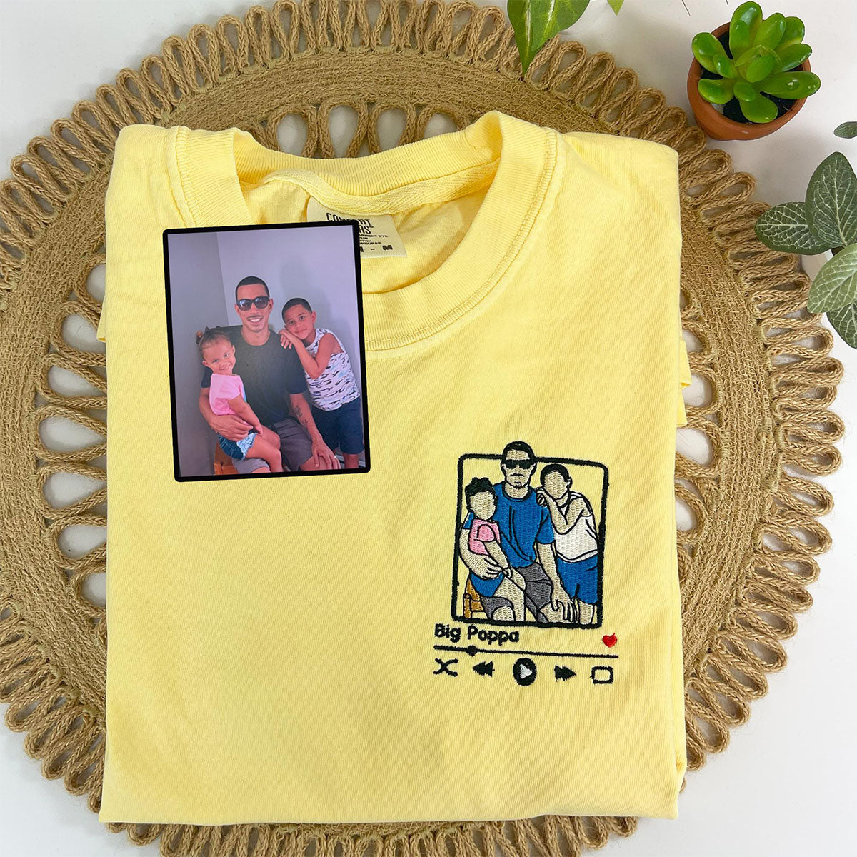 Custom Embroidered Portrait T-Shirt - Personalized Father & Son Photo with Song