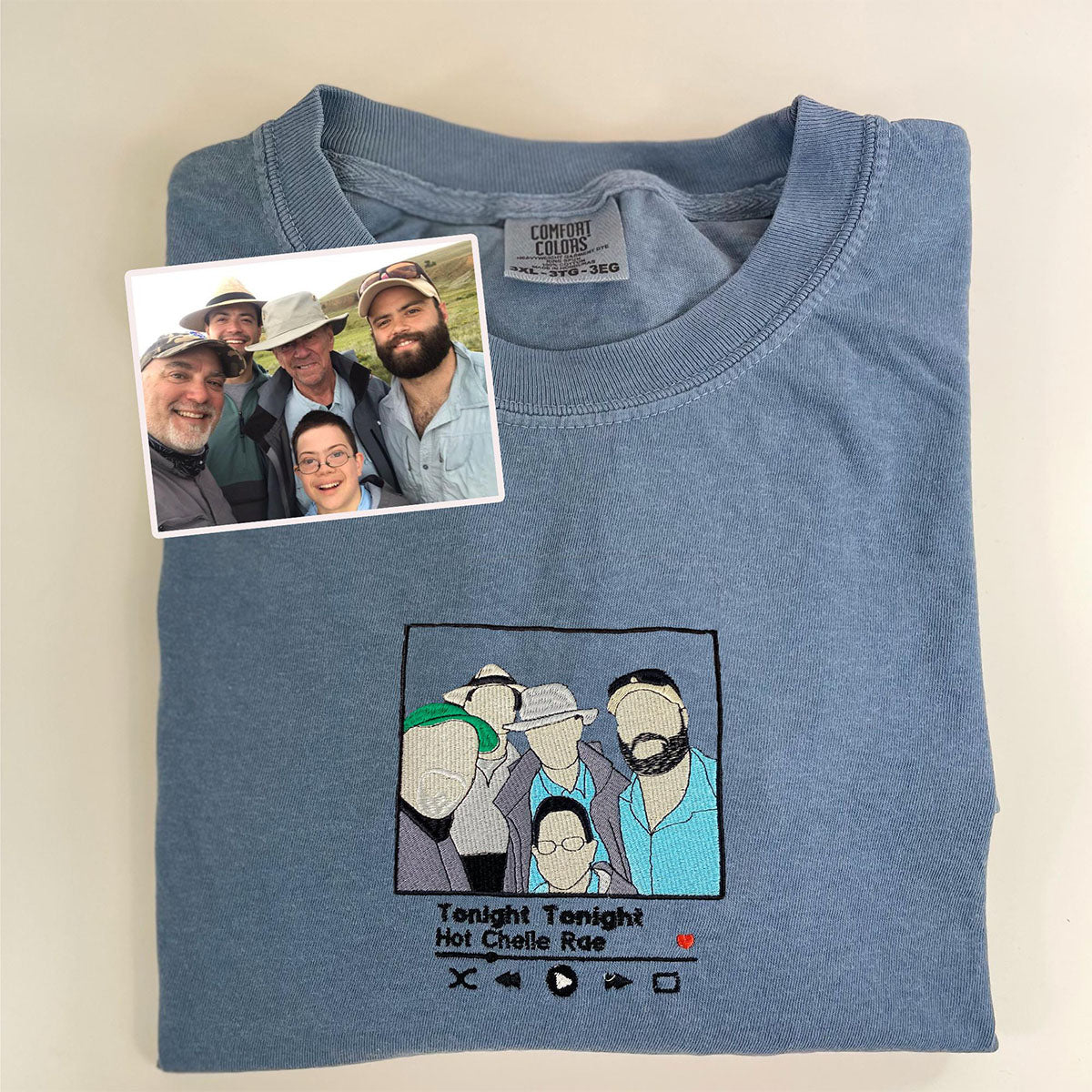 Custom Embroidered Portrait T-Shirt - Personalized Father & Son Photo with Song