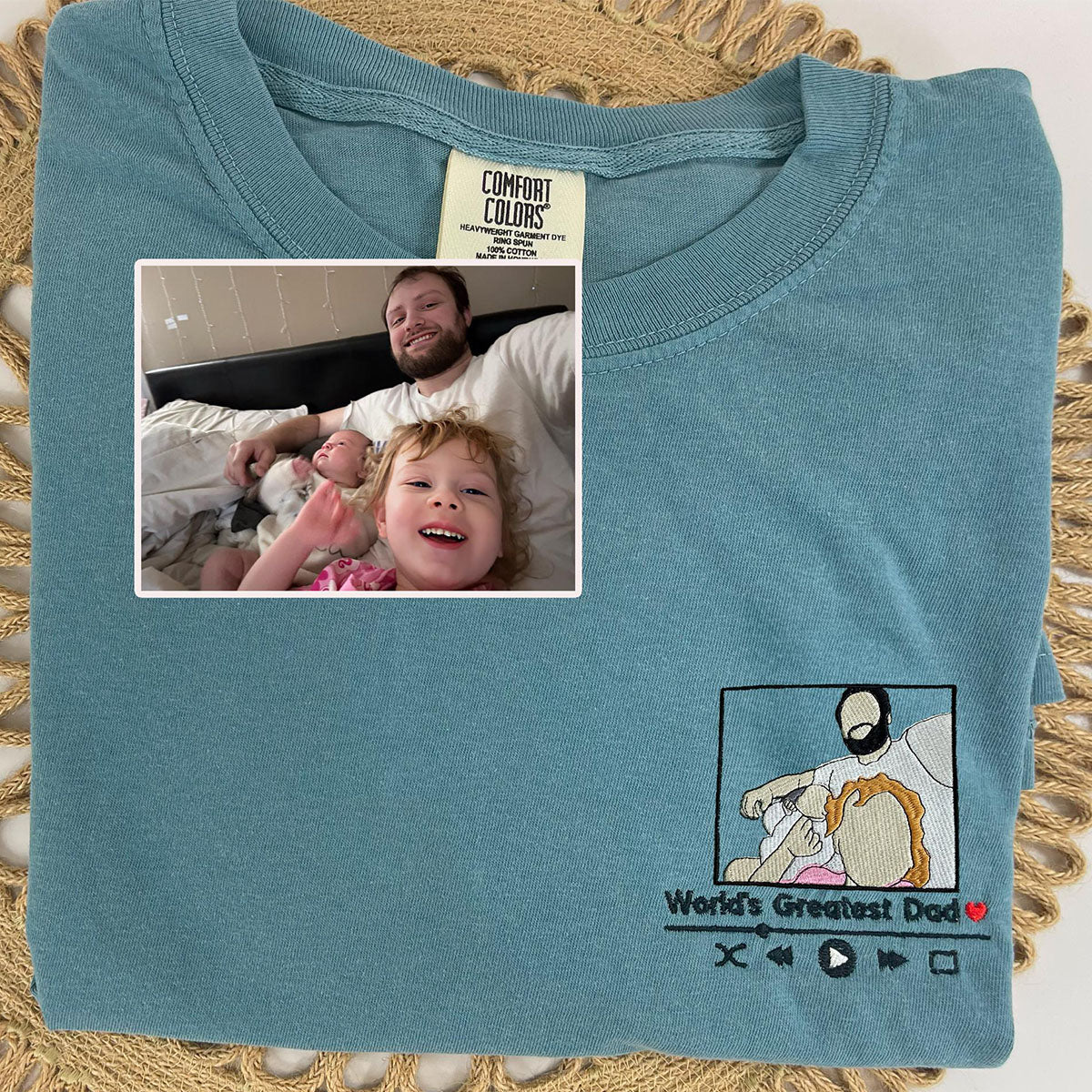 Custom Embroidered Portrait T-Shirt - Personalized Father & Son Photo with Song