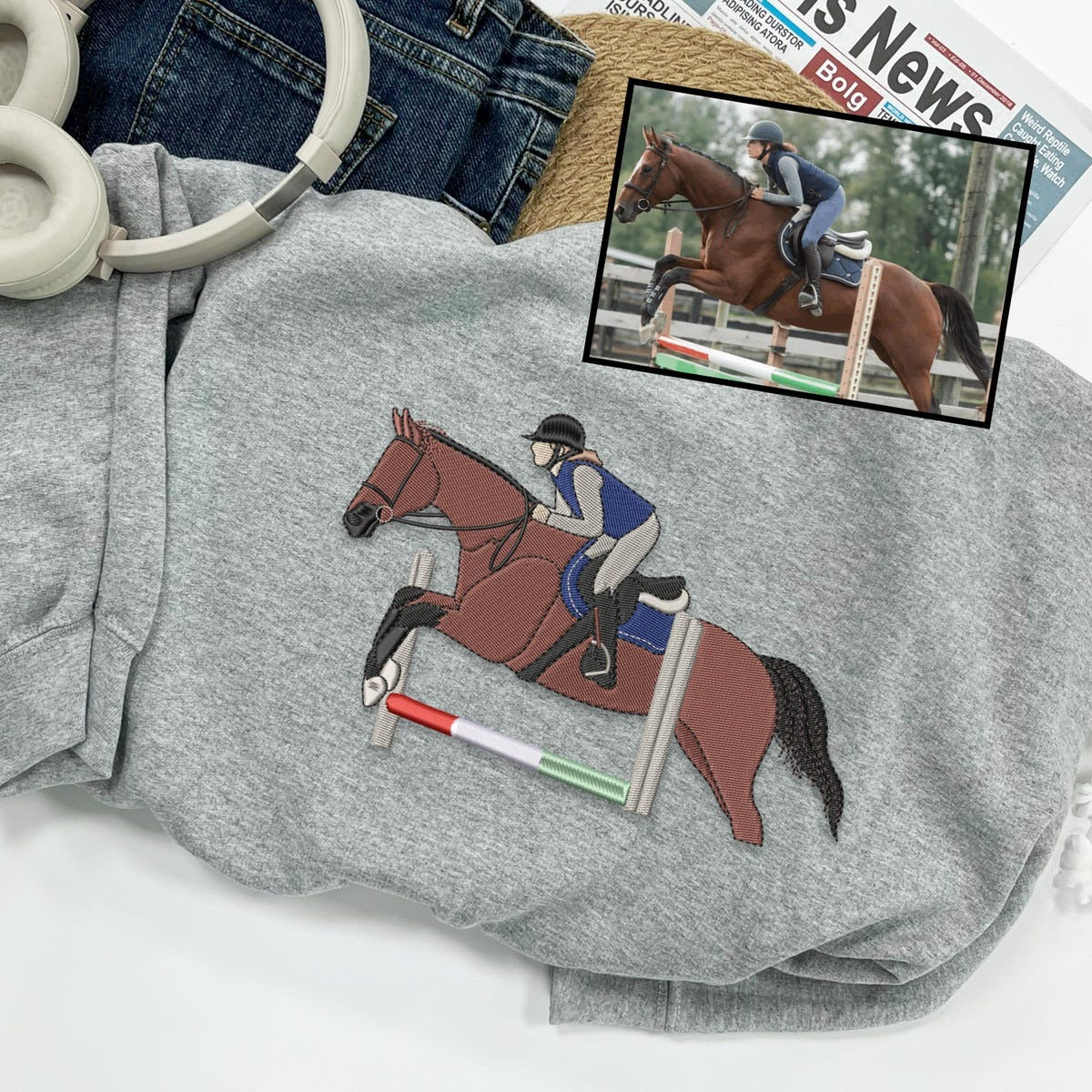 Custom Embroidered Riding Horse Portrait Sweatshirt From Photo, Horse Lovers Hoodie, Birthday Gift Ideas