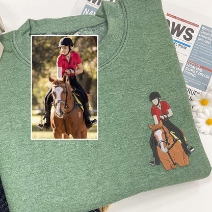 Custom Embroidered Riding Horse Portrait Sweatshirt From Photo, Horse Lovers Hoodie, Birthday Gift Ideas