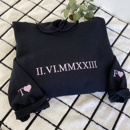 Custom Embroidered Roman Numeral Date Sweatshirt Hoodie for Couple, Best Gift for Wedding