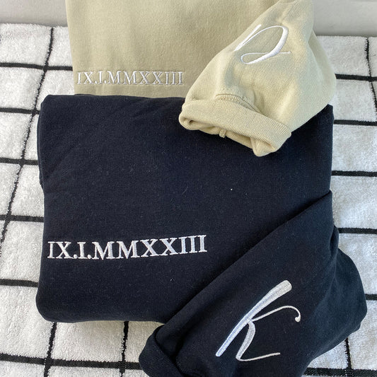 Custom Embroidered Roman Numeral Sweatshirt Hoodie with the First Day of Love on Sleeve