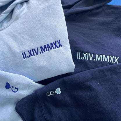 Custom Embroidered Roman Numerals Sweatshirts & Hoodie - Personalized First Year Anniversary