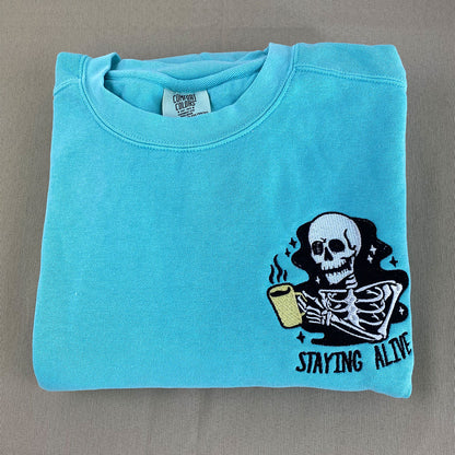 Custom Embroidered Staying Alive by Coffee T-shirt, Funny Gift for Halloween