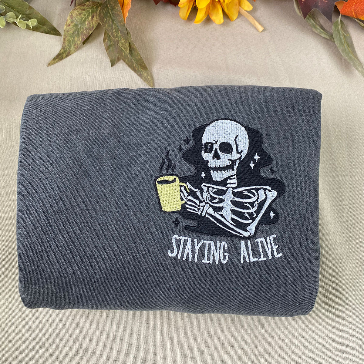 Custom Embroidered Staying Alive by Coffee T-shirt, Funny Gift for Halloween