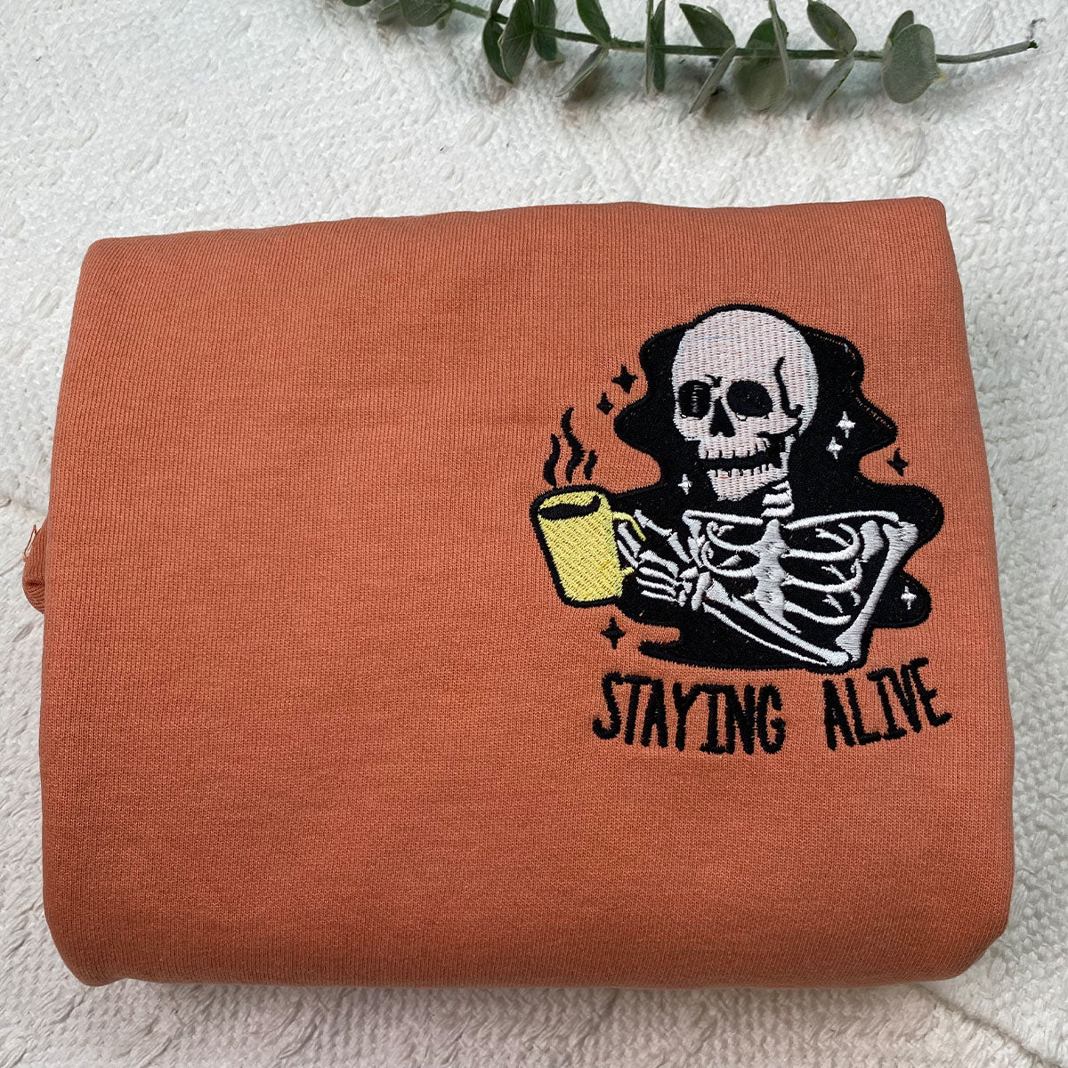 Custom Embroidered Staying Alive by Coffee T-shirt, Funny Gift for Halloween