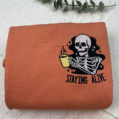 Custom Embroidered Staying Alive by Coffee T-shirt, Funny Gift for Halloween