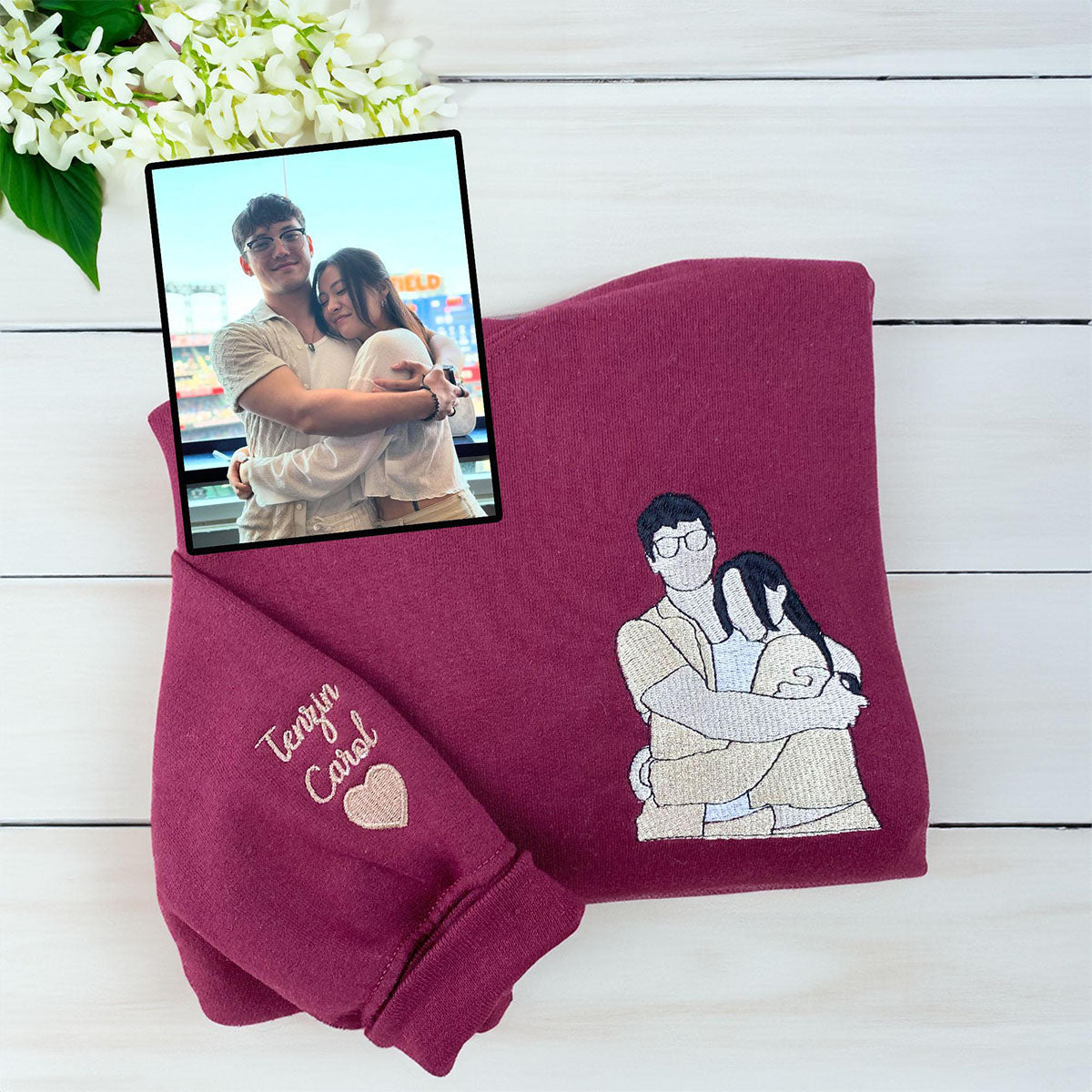 Custom Embroidered Sweatshirts & Hoodies - Personalized Couple Portrait From Photo