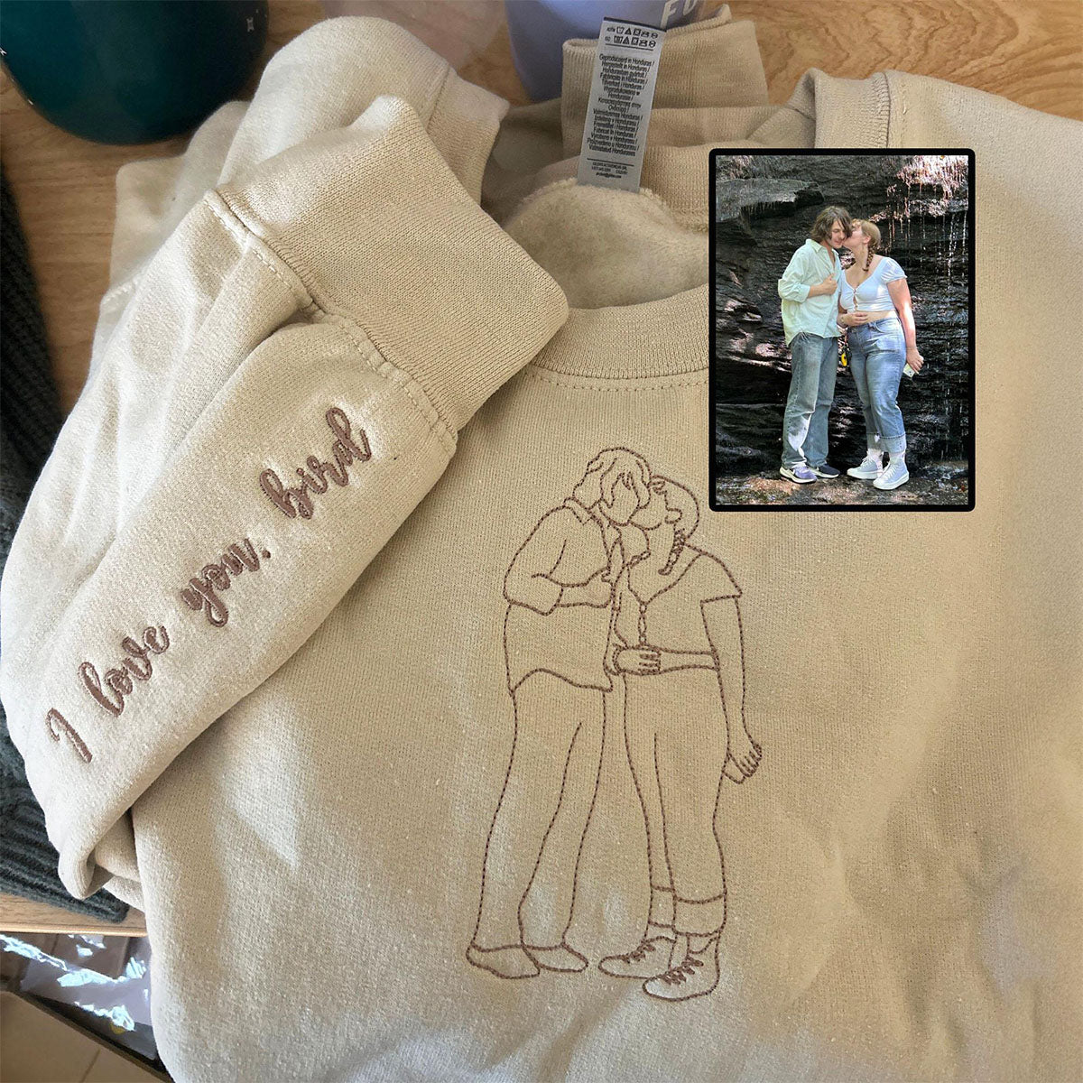 Custom Embroidered Sweatshirts & Hoodies - Personalized Line Art Wife and Husband Portrait