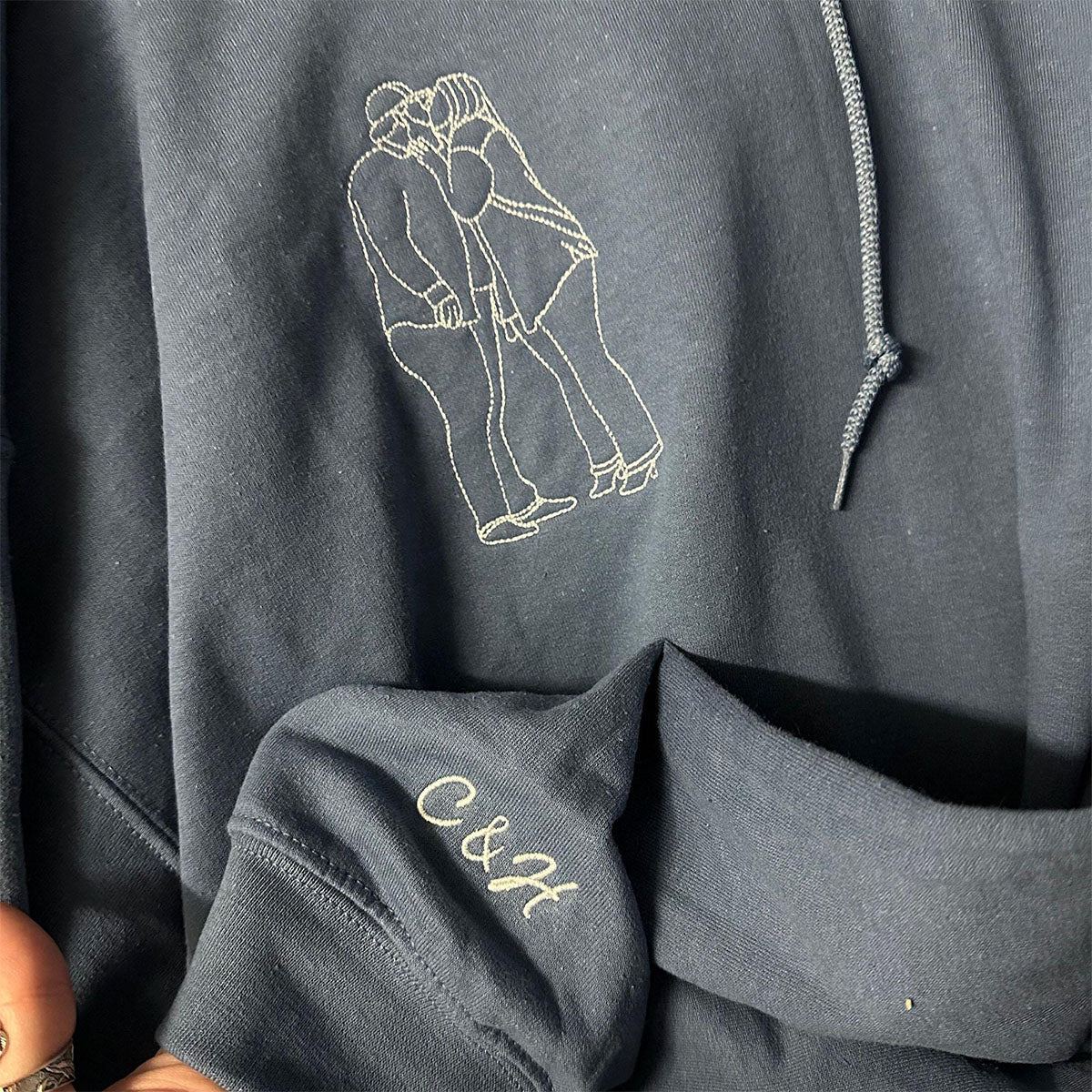 Custom Embroidered Sweatshirts & Hoodies - Personalized Line Art Wife and Husband Portrait