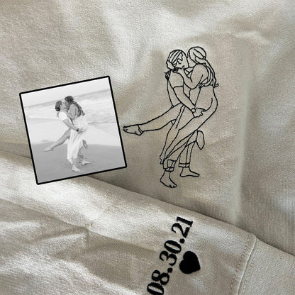 Custom Embroidered Sweatshirts & Hoodies - Personalized Line Art Wife and Husband Portrait