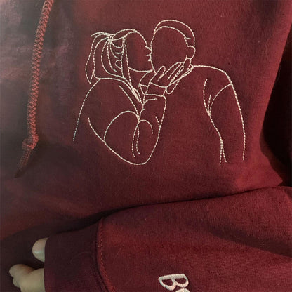 Custom Embroidered Sweatshirts & Hoodies - Personalized Line Art Wife and Husband Portrait