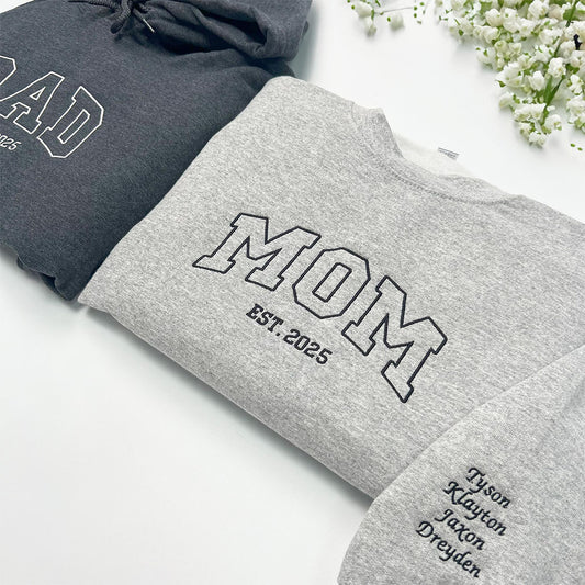 Custom Embroidered Sweatshirts & Hoodies- Personalized Mom with Kid Names on Sleeve