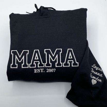 Custom Embroidered Sweatshirts & Hoodies- Personalized Mom with Kid Names on Sleeve