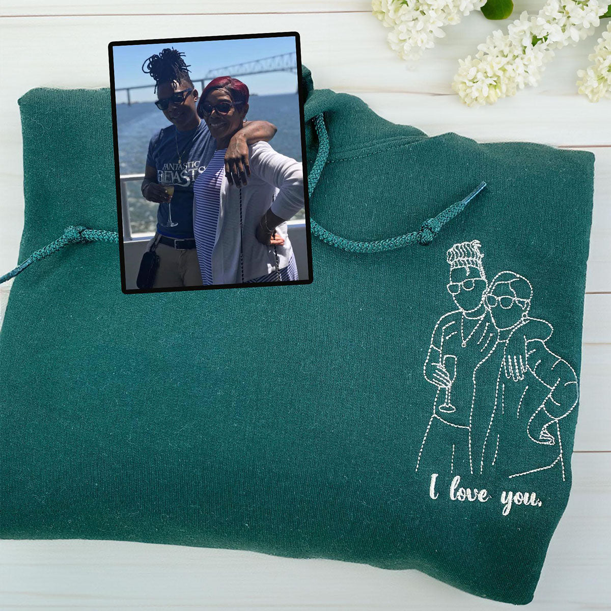 Custom Embroidered Sweatshirts & Hoodies - Personalized Outline Couple Portrait From Photo