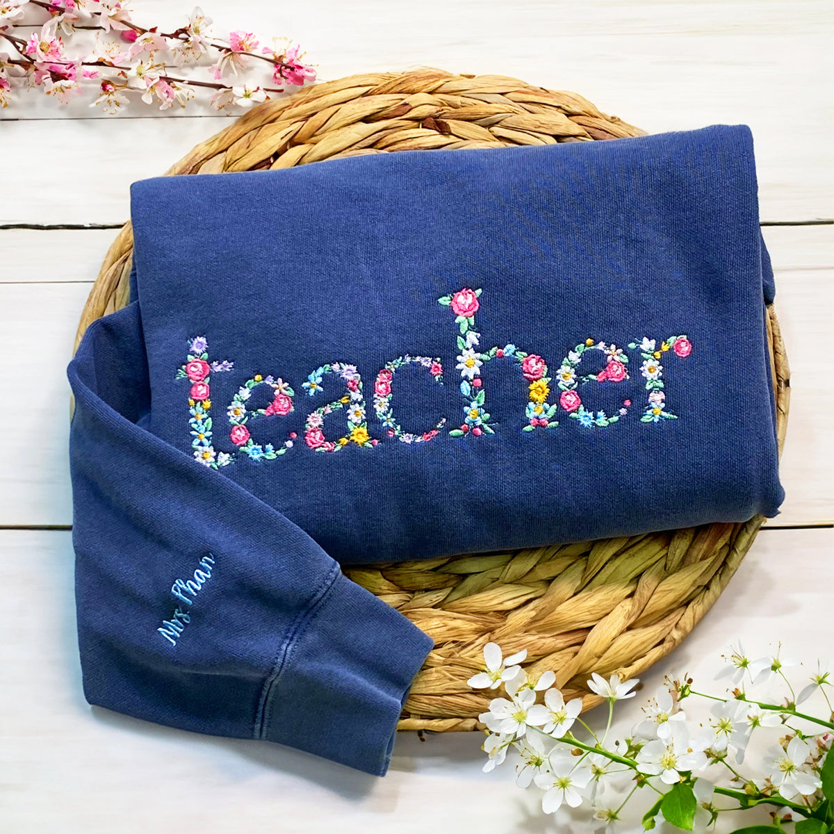 Custom Embroidered Teacher Sweatshirt with Floral letter