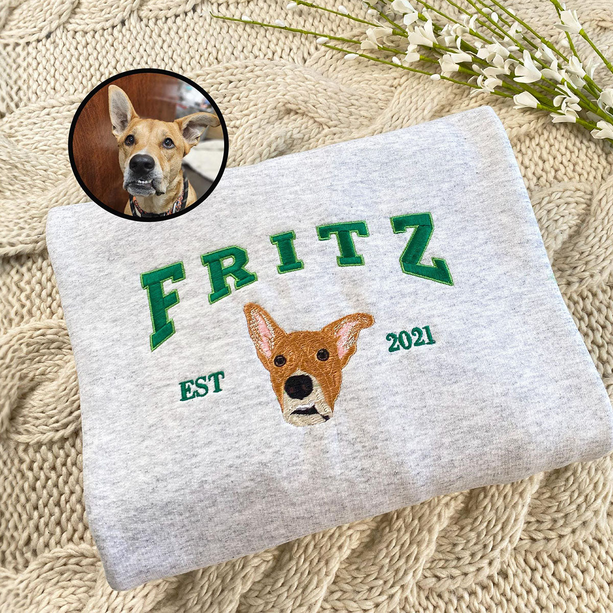 Custom Embroidered Varsity Sweatshirts & Hoodies - Personalized Pet Face from Your Photo