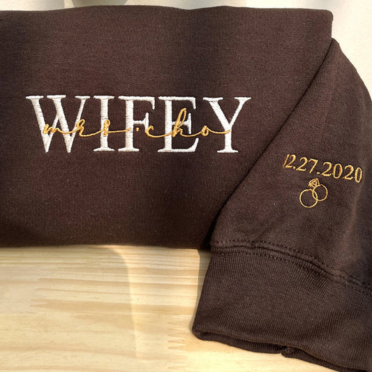 Custom Embroidered Wifey Sweatshirt Hoodie with Date on Sleeve