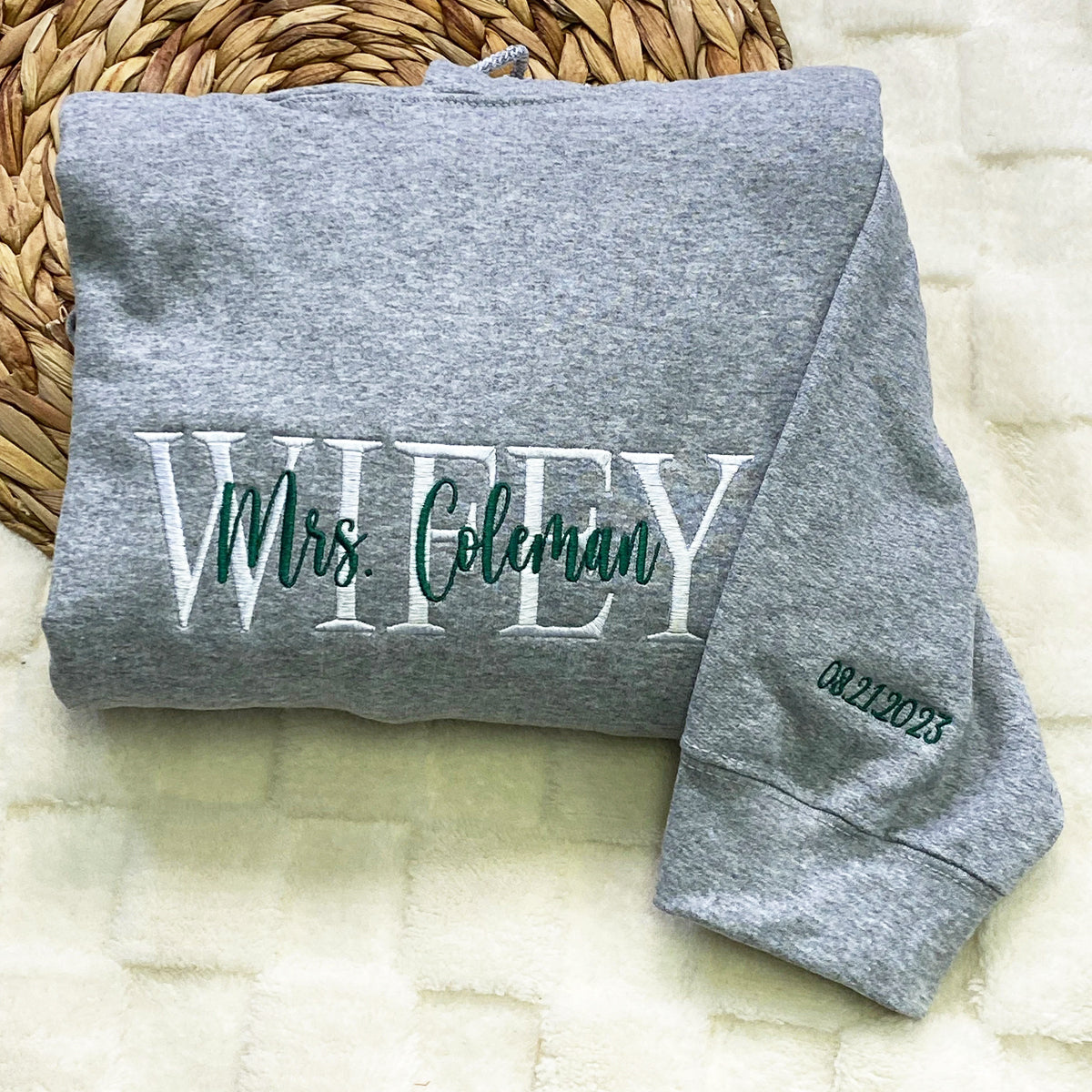 Custom Embroidered Wifey Sweatshirt Hoodie with Date on Sleeve