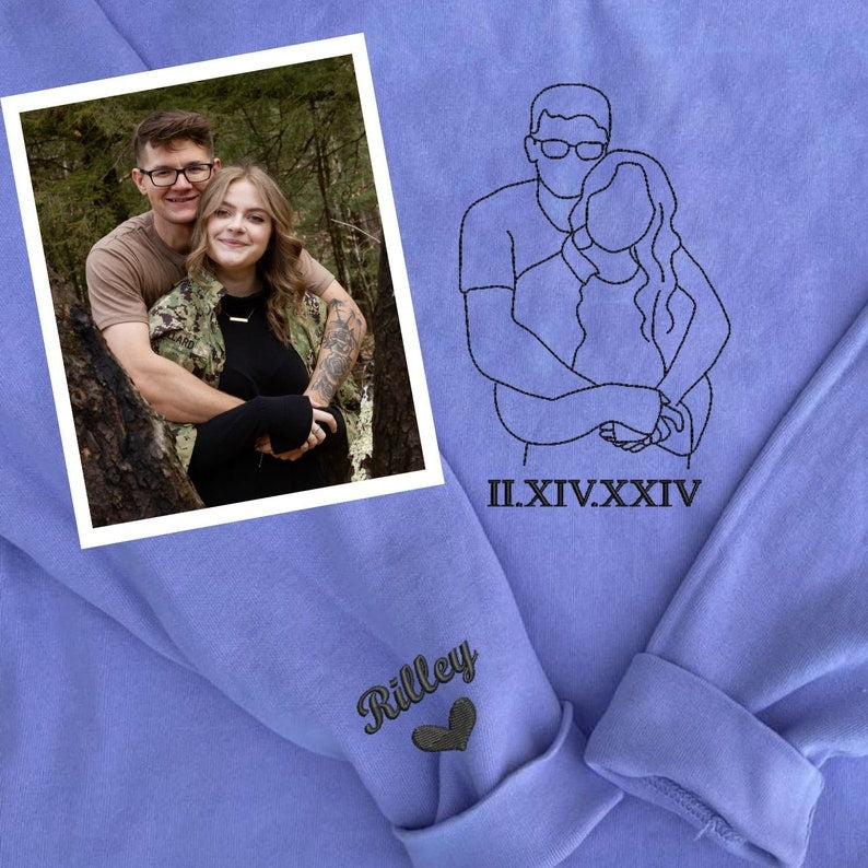 Custom Embroidered Portrait Sweatshirt from Photo, Personalized Valentine’s Gift for Couples